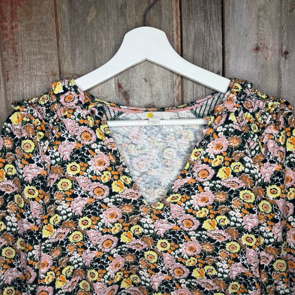 Boden Floral Notch Neck Smocked Frill Top Cotton Blouse Women's Size 2 - Picture 3 of 10